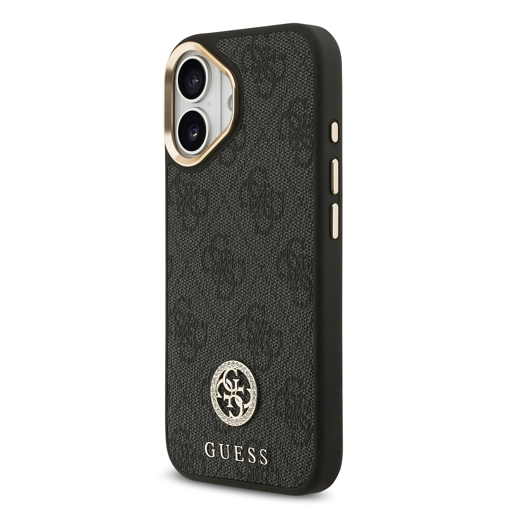 Apple iPhone 17 Kılıf Guess Orjinal Lisanslı M-safe Şarj Özellikli Gold Metal Kamera Çerçeveli Taşlı 4G Logolu Kapak  Siyah