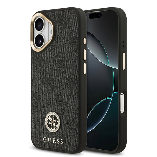 Apple iPhone 17 Kılıf Guess Orjinal Lisanslı M-safe Şarj Özellikli Gold Metal Kamera Çerçeveli Taşlı 4G Logolu Kapak  Siyah