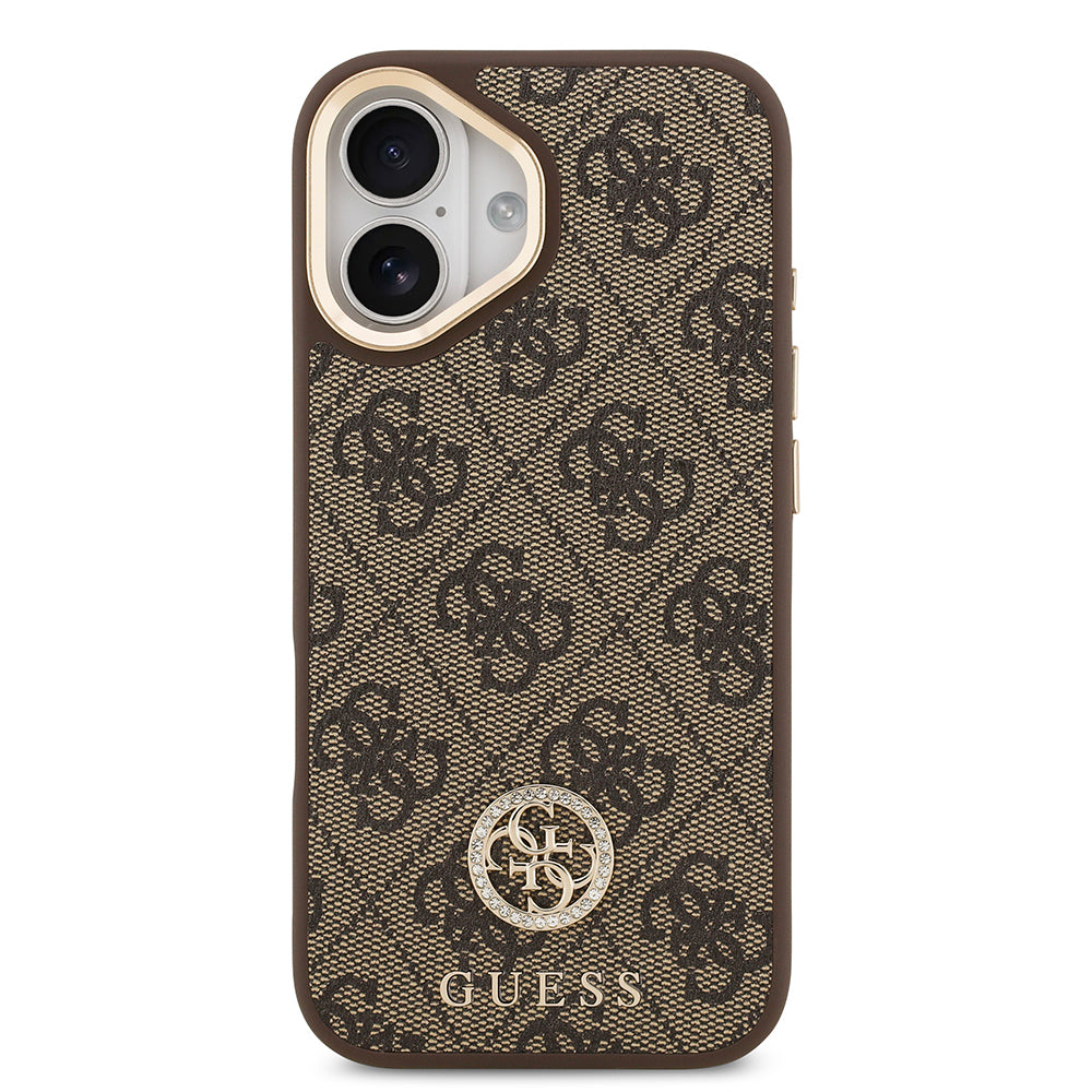 Apple iPhone 17 Kılıf Guess Orjinal Lisanslı M-safe Şarj Özellikli Gold Metal Kamera Çerçeveli Taşlı 4G Logolu Kapak  Siyah