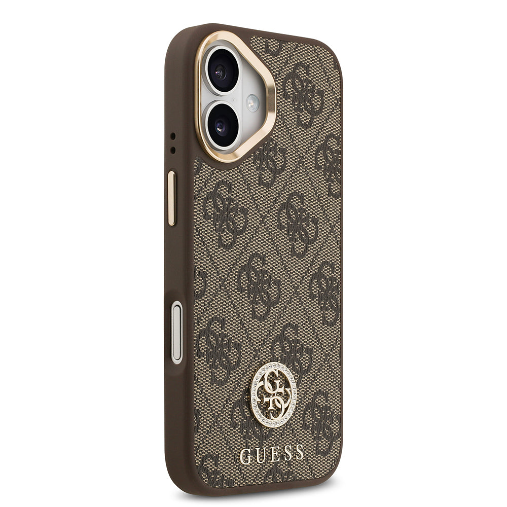 Apple iPhone 17 Kılıf Guess Orjinal Lisanslı M-safe Şarj Özellikli Gold Metal Kamera Çerçeveli Taşlı 4G Logolu Kapak  Siyah