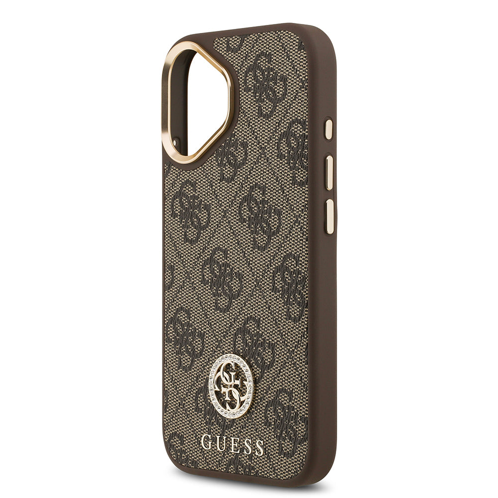 Apple iPhone 17 Kılıf Guess Orjinal Lisanslı M-safe Şarj Özellikli Gold Metal Kamera Çerçeveli Taşlı 4G Logolu Kapak  Siyah