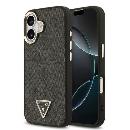 Apple iPhone 17 Kılıf Guess Orjinal Lisanslı M-safe Şarj Özellikli Gold Metal Kamera Çerçeveli Taşlı Üçgen Logo 4G Desenli Kapak Siyah
