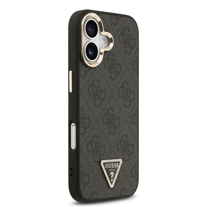 Apple iPhone 17 Kılıf Guess Orjinal Lisanslı M-safe Şarj Özellikli Gold Metal Kamera Çerçeveli Taşlı Üçgen Logo 4G Desenli Kapak Siyah
