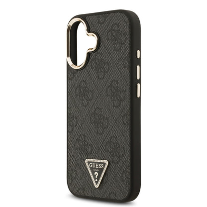 Apple iPhone 17 Kılıf Guess Orjinal Lisanslı M-safe Şarj Özellikli Gold Metal Kamera Çerçeveli Taşlı Üçgen Logo 4G Desenli Kapak Siyah