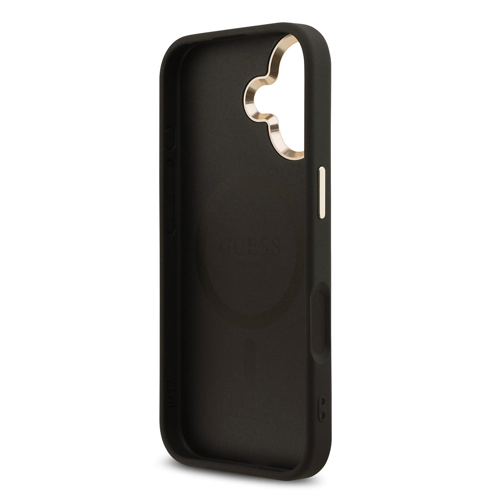 Apple iPhone 17 Kılıf Guess Orjinal Lisanslı M-safe Şarj Özellikli Gold Metal Kamera Çerçeveli Taşlı Üçgen Logo 4G Desenli Kapak Siyah