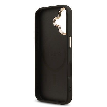 Apple iPhone 17 Kılıf Guess Orjinal Lisanslı M-safe Şarj Özellikli Gold Metal Kamera Çerçeveli Taşlı Üçgen Logo 4G Desenli Kapak Siyah