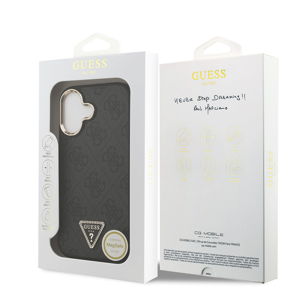 Apple iPhone 17 Kılıf Guess Orjinal Lisanslı M-safe Şarj Özellikli Gold Metal Kamera Çerçeveli Taşlı Üçgen Logo 4G Desenli Kapak Siyah