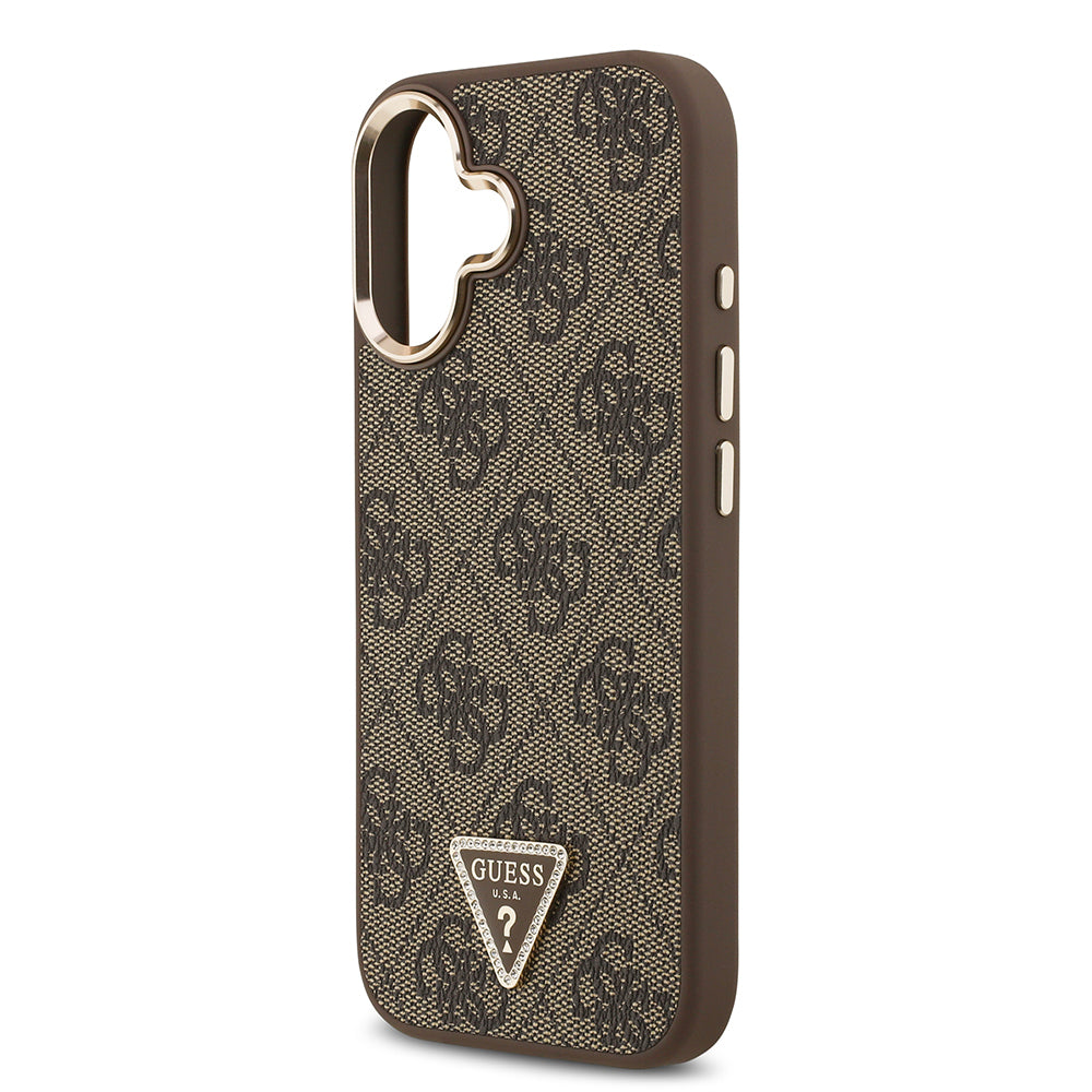 Apple iPhone 17 Kılıf Guess Orjinal Lisanslı M-safe Şarj Özellikli Gold Metal Kamera Çerçeveli Taşlı Üçgen Logo 4G Desenli Kapak Siyah