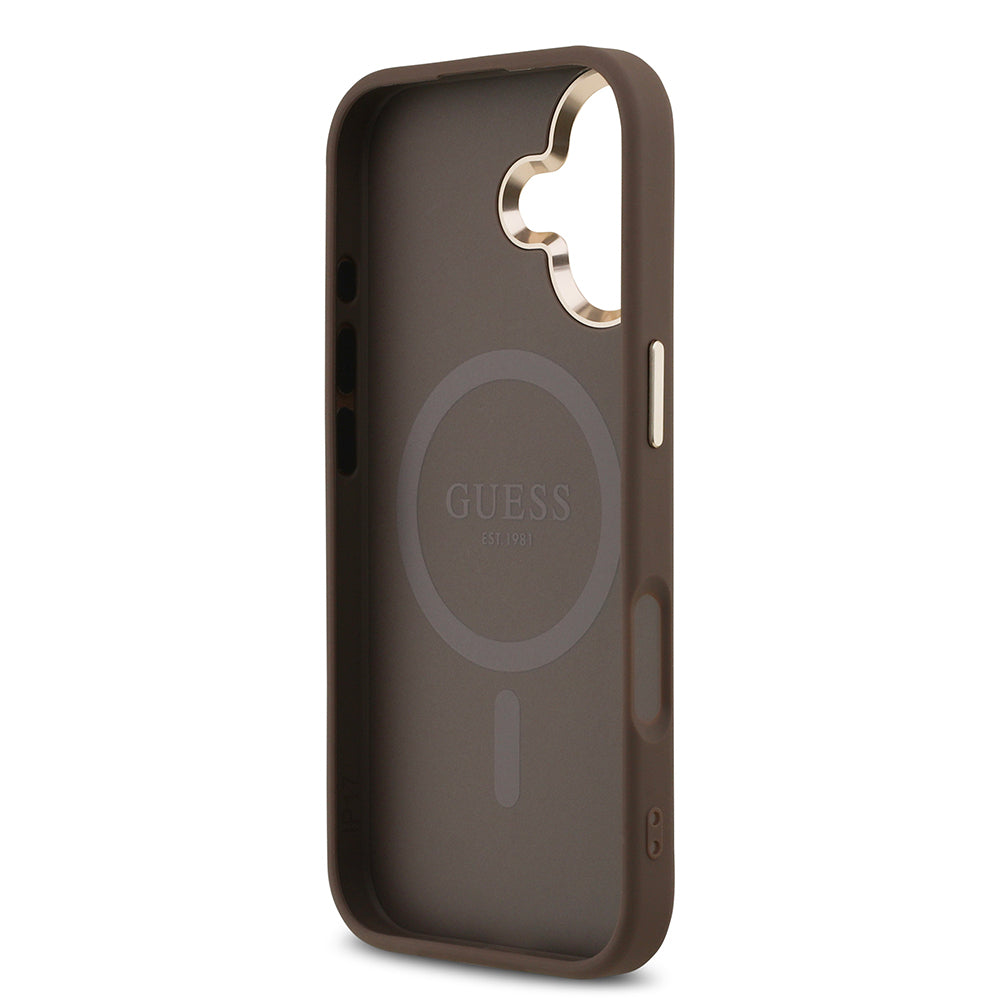 Apple iPhone 17 Kılıf Guess Orjinal Lisanslı M-safe Şarj Özellikli Gold Metal Kamera Çerçeveli Taşlı Üçgen Logo 4G Desenli Kapak Siyah