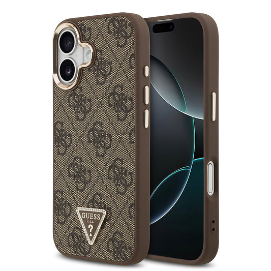 Apple iPhone 17 Kılıf Guess Orjinal Lisanslı M-safe Şarj Özellikli Gold Metal Kamera Çerçeveli Taşlı Üçgen Logo 4G Desenli Kapak Kahverengi
