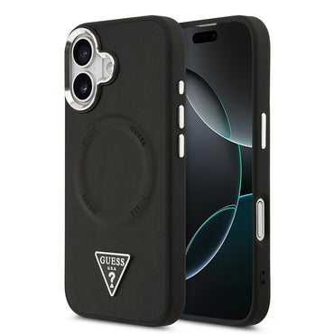Apple iPhone 17 Case Guess Original Licensed M-safe Charging Function PU Leather Metal Camera Frame Triangle Logo Cover Black