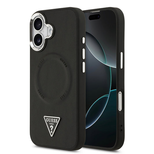 Apple iPhone 17 Case Guess Original Licensed M-safe Charging Function PU Leather Metal Camera Frame Triangle Logo Cover Black