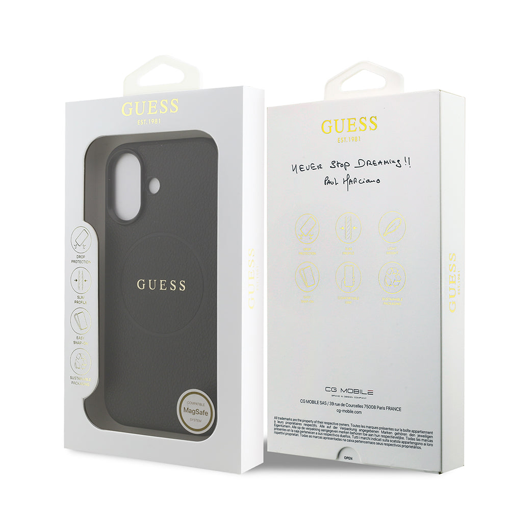 Apple iPhone 17 Kılıf Guess Orjinal Lisanslı M-safe Şarj Özellikli Yazı Logolu PU Deri Kapak Siyah