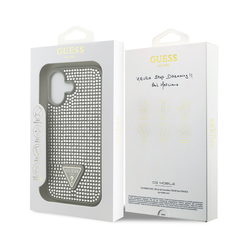 Apple iPhone 17 Kılıf Guess Orjinal Lisanslı Taşlı Arka Yüzey Üçgen Logolu Kapak Gümüş