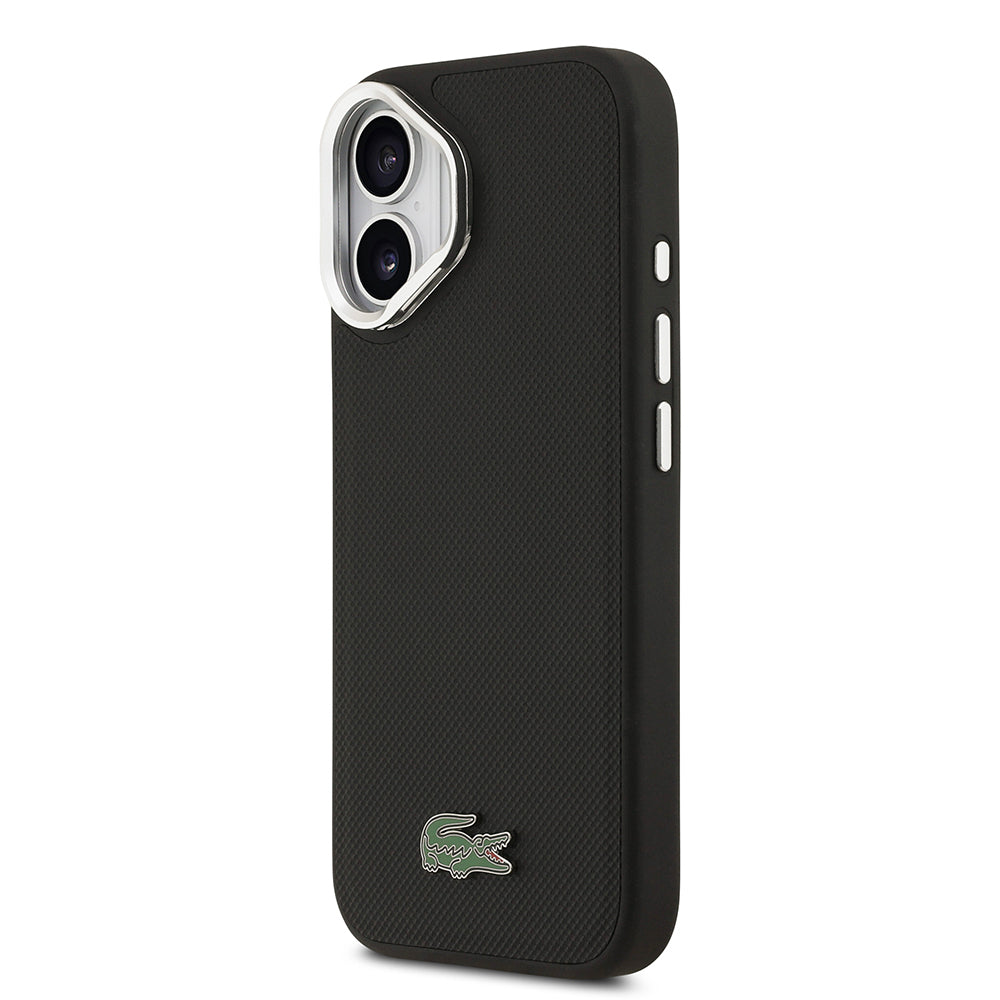 Apple iPhone 17 Kılıf Lacoste Orjinal Lisanslı M-safe Şarj Özellikli PU Pike Desenli Standlı Metal Logolu Kapak Siyah