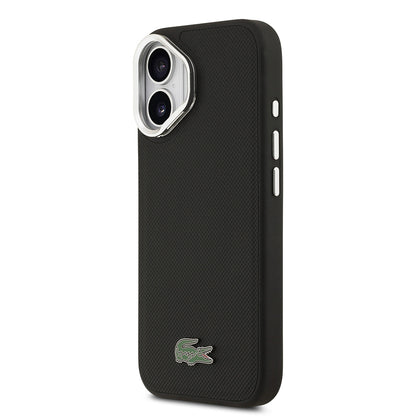 Apple iPhone 17 Kılıf Lacoste Orjinal Lisanslı M-safe Şarj Özellikli PU Pike Desenli Standlı Metal Logolu Kapak Siyah