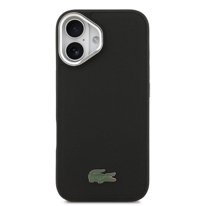 Apple iPhone 17 Kılıf Lacoste Orjinal Lisanslı M-safe Şarj Özellikli PU Pike Desenli Standlı Metal Logolu Kapak Siyah