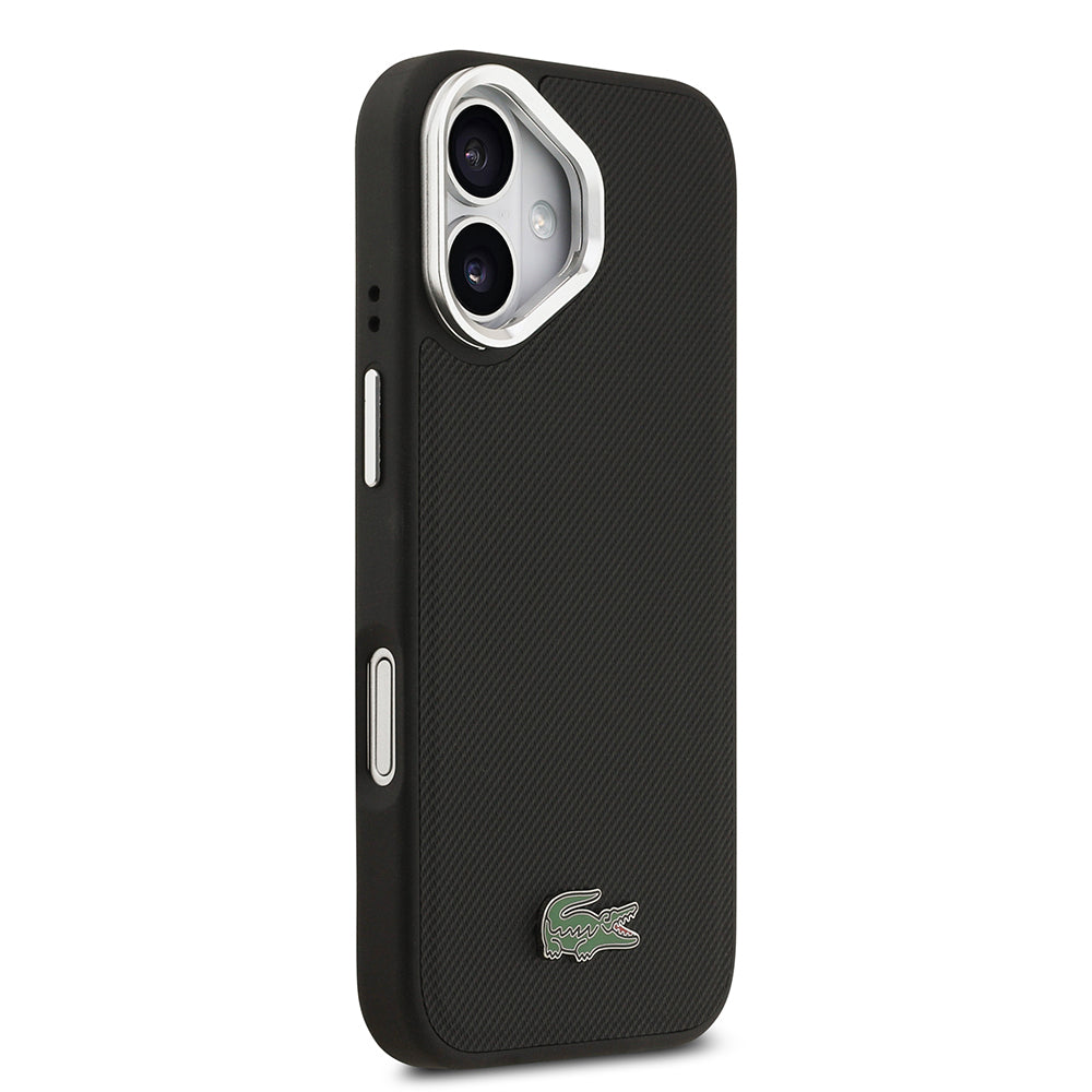 Apple iPhone 17 Kılıf Lacoste Orjinal Lisanslı M-safe Şarj Özellikli PU Pike Desenli Standlı Metal Logolu Kapak Siyah