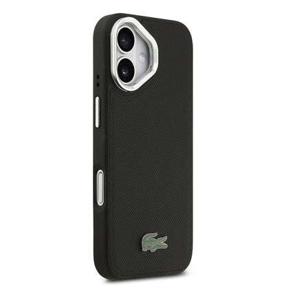 Apple iPhone 17 Kılıf Lacoste Orjinal Lisanslı M-safe Şarj Özellikli PU Pike Desenli Standlı Metal Logolu Kapak Siyah