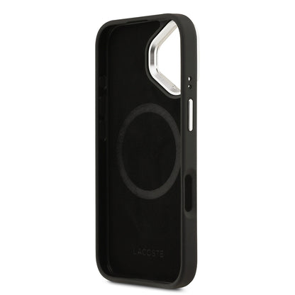 Apple iPhone 17 Kılıf Lacoste Orjinal Lisanslı M-safe Şarj Özellikli PU Pike Desenli Standlı Metal Logolu Kapak Siyah