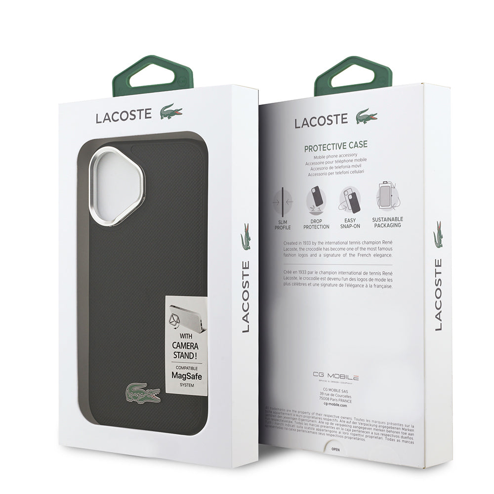 Apple iPhone 17 Kılıf Lacoste Orjinal Lisanslı M-safe Şarj Özellikli PU Pike Desenli Standlı Metal Logolu Kapak Siyah