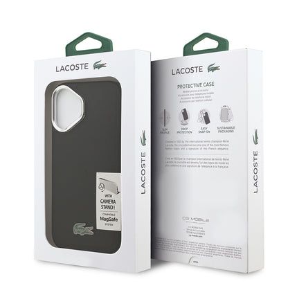 Apple iPhone 17 Kılıf Lacoste Orjinal Lisanslı M-safe Şarj Özellikli PU Pike Desenli Standlı Metal Logolu Kapak Siyah
