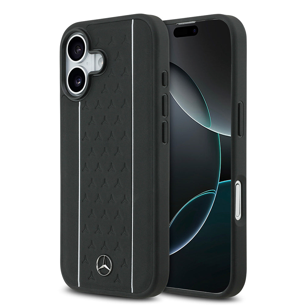 Apple iPhone 17 Case Mercedes Benz Original Licensed M-Safe Charging Feature Striped Star Patterned Metal Logo Leather Cover Black 