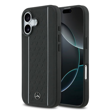 Apple iPhone 17 Case Mercedes Benz Original Licensed M-Safe Charging Feature Striped Star Patterned Metal Logo Leather Cover Black 
