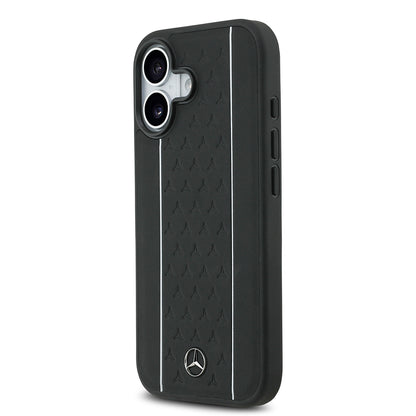 Apple iPhone 17 Kılıf Mercedes Benz Orjinal Lisanslı M-safe Şarj Özellikli Şeritli Yıldız Desenli Metal Logolu Deri Kapak Siyah