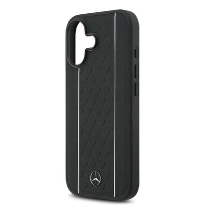 Apple iPhone 17 Kılıf Mercedes Benz Orjinal Lisanslı M-safe Şarj Özellikli Şeritli Yıldız Desenli Metal Logolu Deri Kapak Siyah
