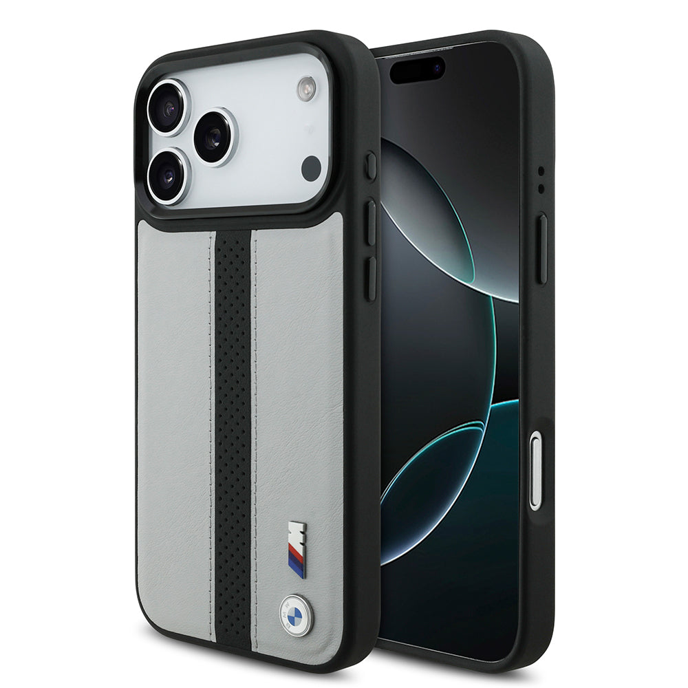 Apple iPhone 17 Pro Kılıf BMW Orjinal Lisanslı M-safe Şarj Özellikli Deri Arka Yüzey Metal Logolu Delikli Şerit Tasarımlı Kapak Gri