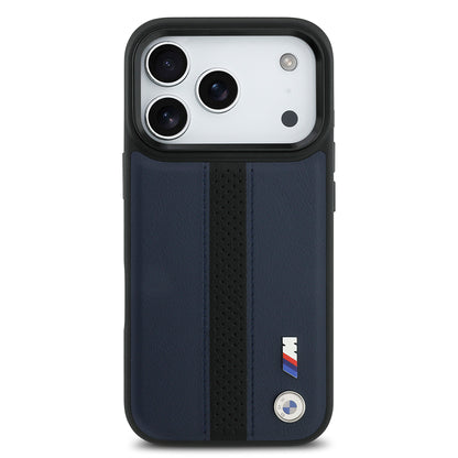 Apple iPhone 17 Pro Kılıf BMW Orjinal Lisanslı M-safe Şarj Özellikli Deri Arka Yüzey Metal Logolu Delikli Şerit Tasarımlı Kapak Gri