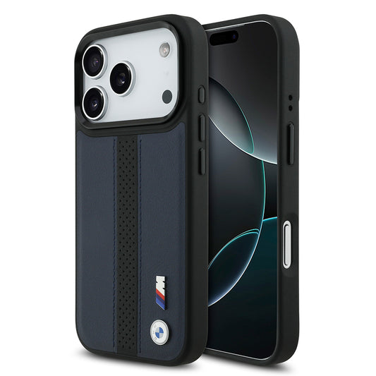 Apple iPhone 17 Pro Case BMW Original Licensed M-safe Charging Feature Leather Back Surface Metal Logo Perforated Strip Design Cover Navy Blue
