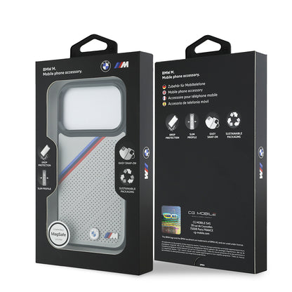 Apple iPhone 17 Pro Kılıf BMW Orjinal Lisanslı M-safe Şarj Özellikli M Logolu Üç Şeritli Delikli Deri Kapak Gri