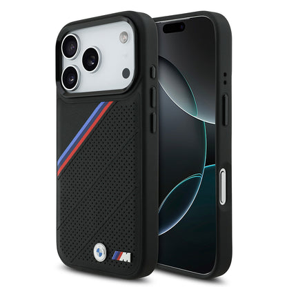 Apple iPhone 17 Pro Kılıf BMW Orjinal Lisanslı M-safe Şarj Özellikli M Logolu Üç Şeritli Delikli Deri Kapak Gri
