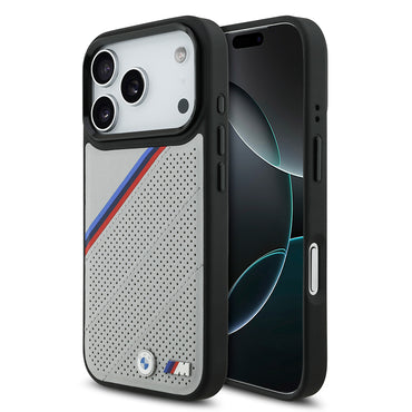 Apple iPhone 17 Pro Case BMW Original Licensed M-Safe Charging Feature M Logo Three Stripe Perforated Leather Cover Gray