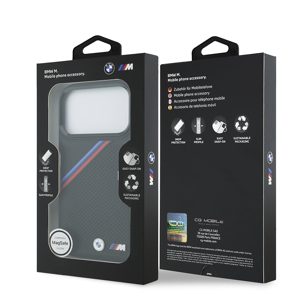 Apple iPhone 17 Pro Kılıf BMW Orjinal Lisanslı M-safe Şarj Özellikli M Logolu Üç Şeritli Delikli Deri Kapak Siyah