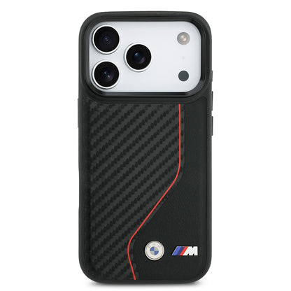 Apple iPhone 17 Pro Kılıf BMW Orjinal Lisanslı M-safe Şarj Özellikli Metal BMW ve M Logolu PU Karbon Tasarımlı Kapak Kırmızı