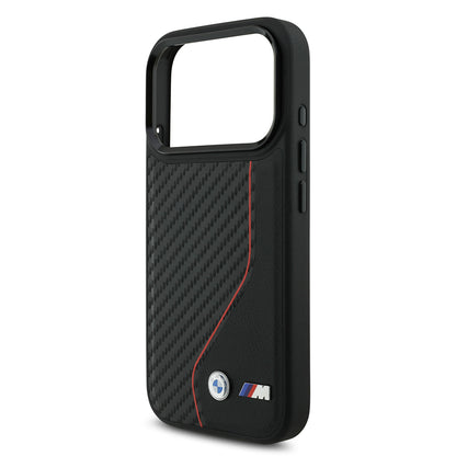 Apple iPhone 17 Pro Kılıf BMW Orjinal Lisanslı M-safe Şarj Özellikli Metal BMW ve M Logolu PU Karbon Tasarımlı Kapak Kırmızı