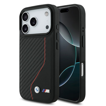 Apple iPhone 17 Pro Kılıf BMW Orjinal Lisanslı M-safe Şarj Özellikli Metal BMW ve M Logolu PU Karbon Tasarımlı Kapak Kırmızı