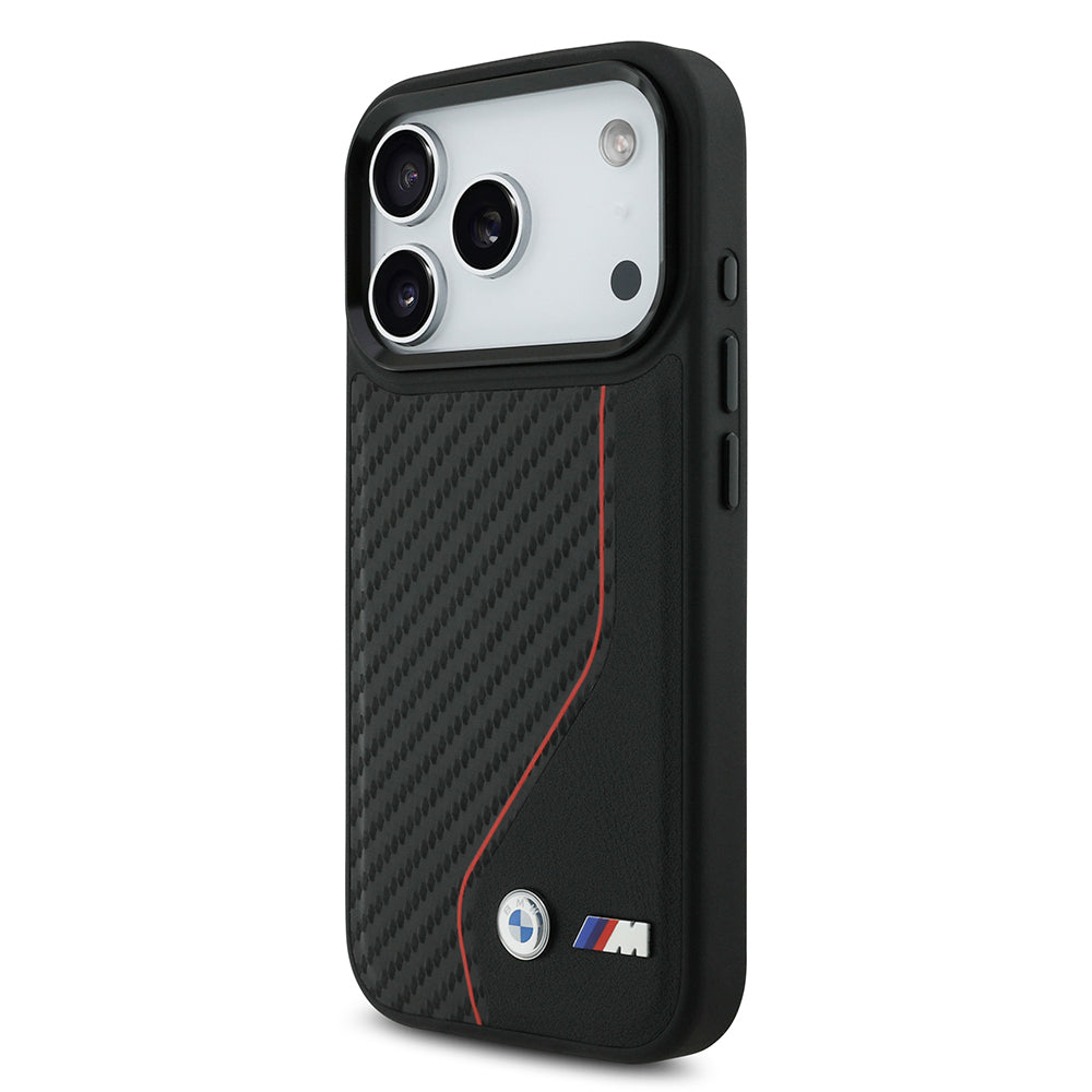 Apple iPhone 17 Pro Kılıf BMW Orjinal Lisanslı M-safe Şarj Özellikli Metal BMW ve M Logolu PU Karbon Tasarımlı Kapak Kırmızı