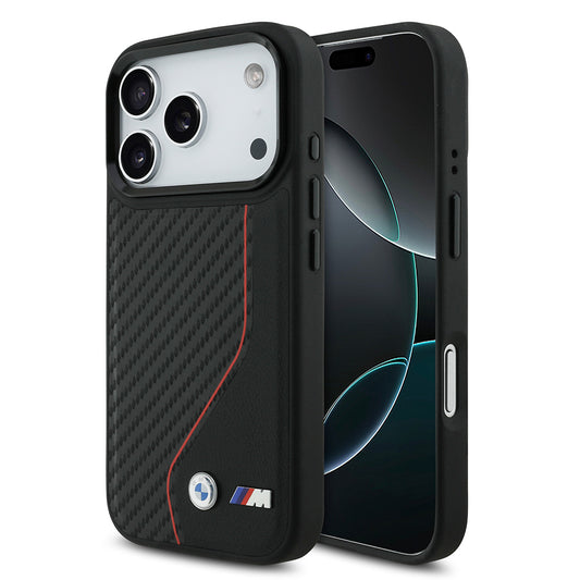 Apple iPhone 17 Pro Kılıf BMW Orjinal Lisanslı M-safe Şarj Özellikli Metal BMW ve M Logolu PU Karbon Tasarımlı Kapak Kırmızı