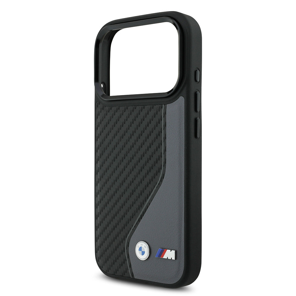 Apple iPhone 17 Pro Kılıf BMW Orjinal Lisanslı M-safe Şarj Özellikli Metal BMW ve M Logolu PU Karbon Tasarımlı Kapak Siyah