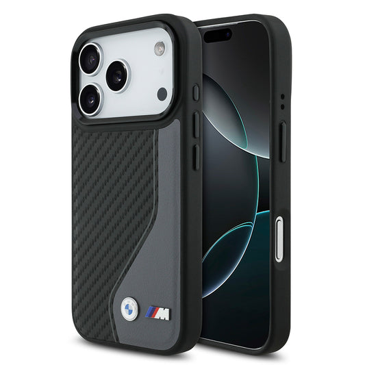 Apple iPhone 17 Pro Kılıf BMW Orjinal Lisanslı M-safe Şarj Özellikli Metal BMW ve M Logolu PU Karbon Tasarımlı Kapak Siyah