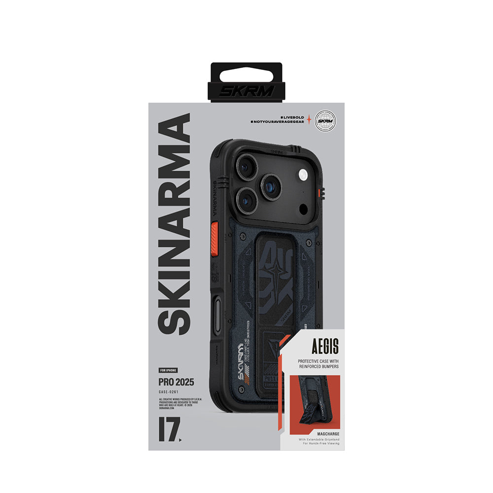 Apple iPhone 17 Pro Kılıf Desenli Airbag Tasarımlı Standlı Skinarma Aegis Kapak Lacivert