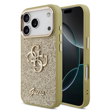 Apple iPhone 17 Pro Case Guess Original Licensed 4G Large Metal Camera Frame and Logo Glitter Cover Gold