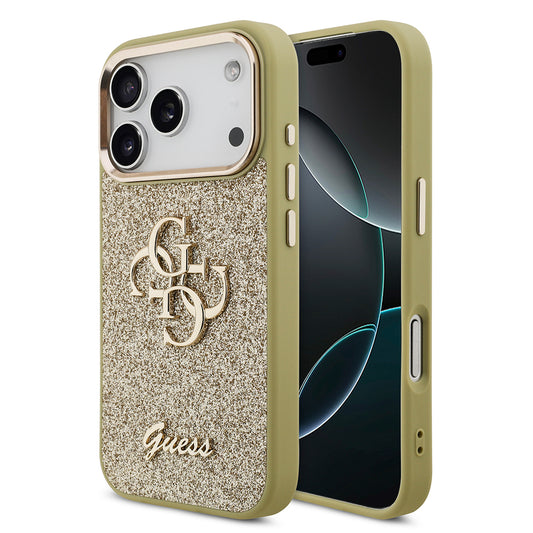 Apple iPhone 17 Pro Case Guess Original Licensed 4G Large Metal Camera Frame and Logo Glitter Cover Gold