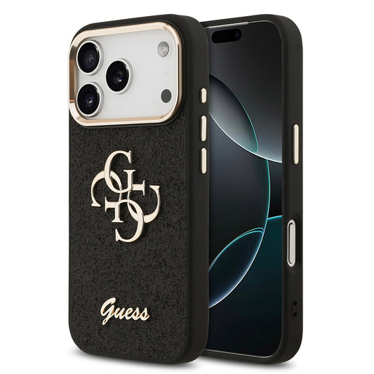 Apple iPhone 17 Pro Case Guess Original Licensed 4G Large Metal Camera Frame and Logo Glitter Cover Black
