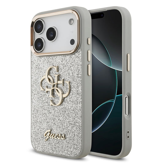 Apple iPhone 17 Pro Case Guess Original Licensed 4G Large Metal Camera Frame and Logo Glitter Cover Gray