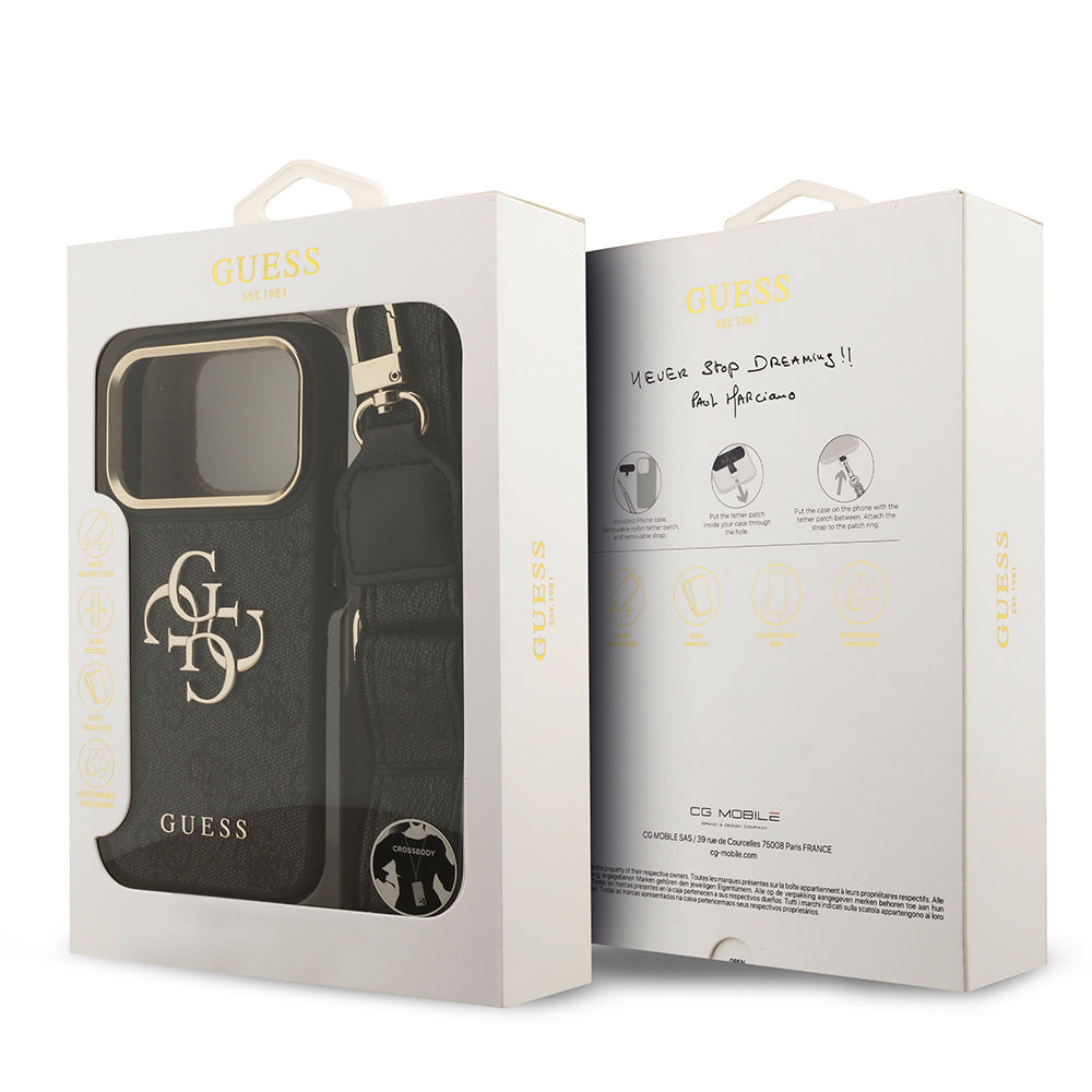 Apple iPhone 17 Pro Case Guess Original Licensed 4G Large Metal Logo Thick Strap Cover Black